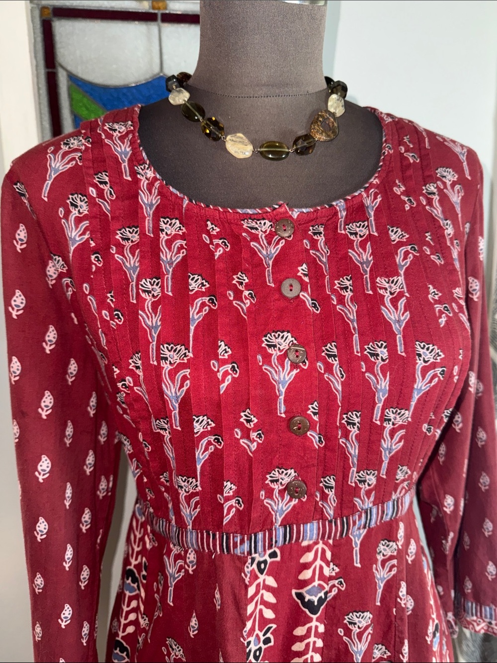 April Cornell 100% Cotton Blockprint Made in India Tie back Maxi Dress SZ L - Picture 3 of 12